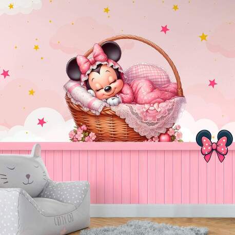 Papel De Parede Minnie Baby No Berco Rosa MP