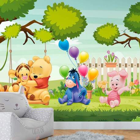Papel De Parede Ursinho Pooh E Turma No Jardim Com Balano MP