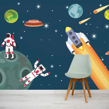 Papel de Parede Espao Infantil com Foguete e Astronautas MP