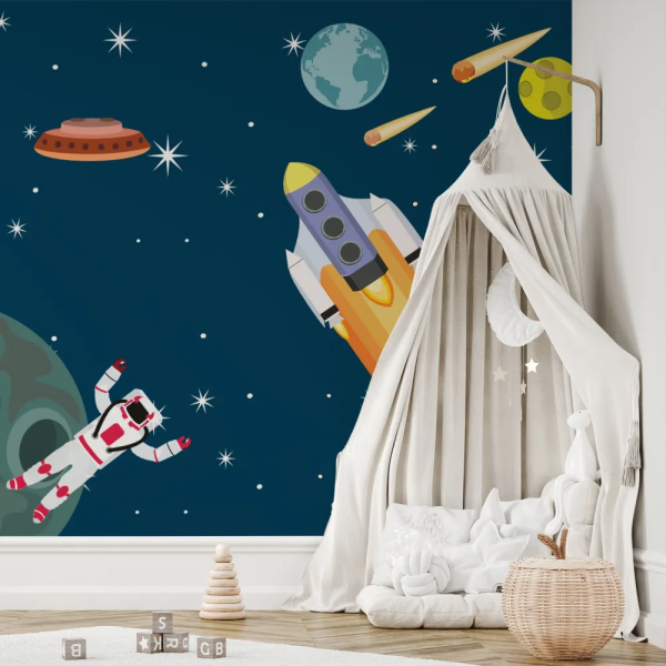 Papel de Parede Espao Infantil com Foguete e Astronautas MP
