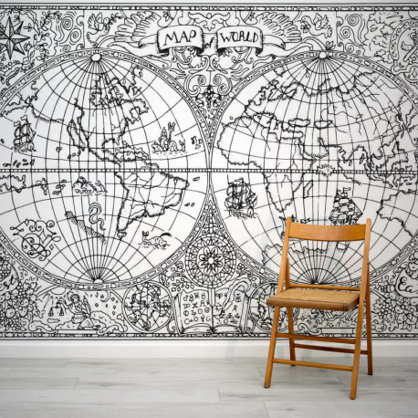 Papel de Parede Mapa Mundi Vintage Preto e Branco MP