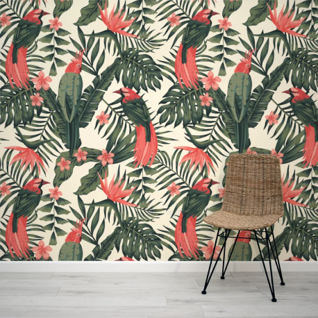 Papel de Parede Folhas Tropicais Rosas e Verdes MP