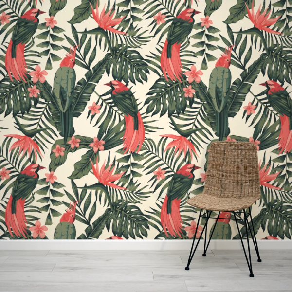 Papel de Parede Folhas Tropicais Rosas e Verdes MP