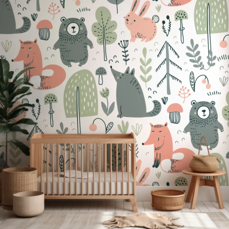 Papel de Parede Animais do Bosque em Tons de Rosa e Verde MP