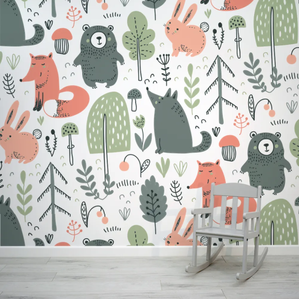 Papel de Parede Animais do Bosque em Tons de Rosa e Verde MP