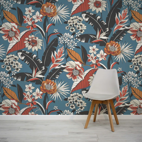 Papel de Parede Floral Vibrante Azul e Laranja MP