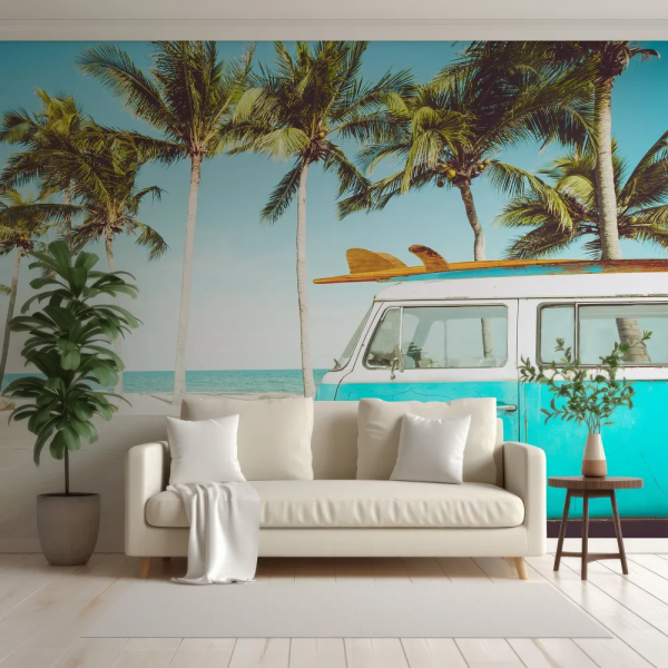 Papel de Parede Surfista Azul com Van de Praia MP