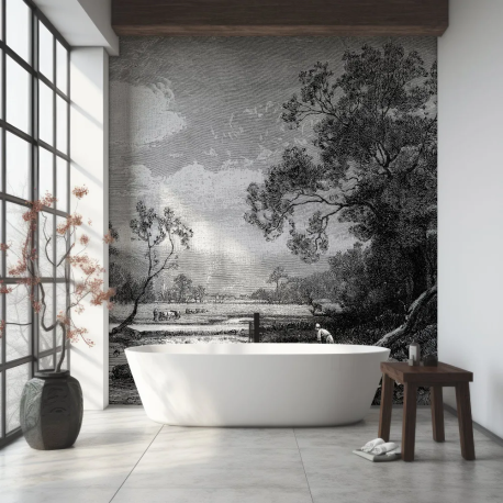 Papel de Parede Paisagem Rstica em Preto e Branco MP