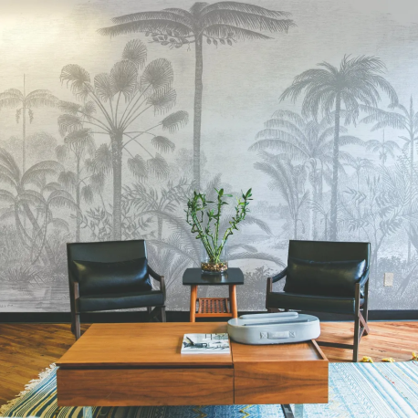 Papel de Parede Tropical Vintage Cinza MP