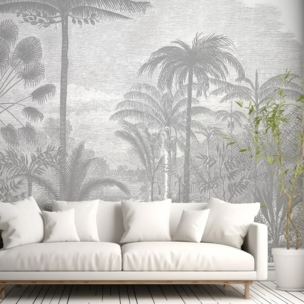 Papel de Parede Tropical Vintage Cinza MP
