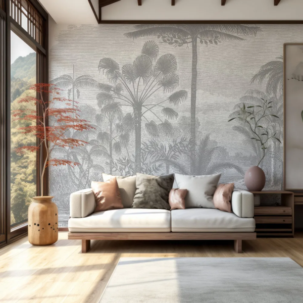 Papel de Parede Tropical Vintage Cinza MP