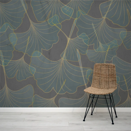 Papel de Parede Folhas de Ginkgo em Cinza e Ouro MP