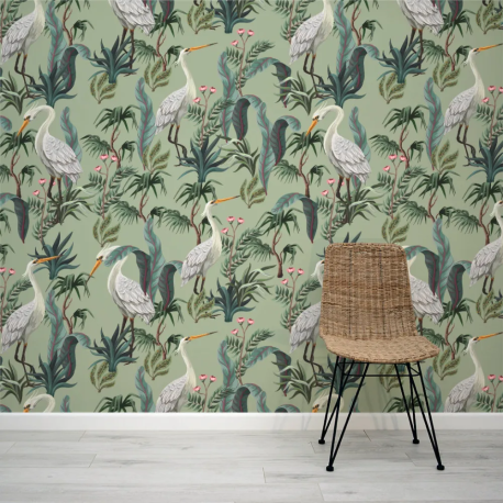 Papel de Parede Tsuru Verde com Grullas Brancas MP