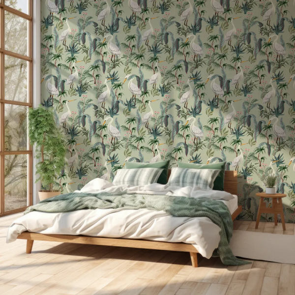 Papel de Parede Tsuru Verde com Grullas Brancas MP