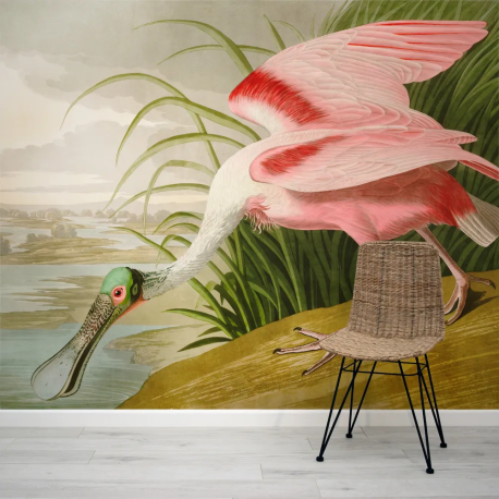 Papel de Parede Vintage com Aves Colhereiro em Tons de Rosa MP