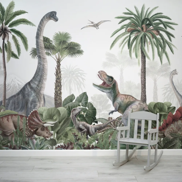 Papel de Parede Dinossauros na Selva em Aquarela MP