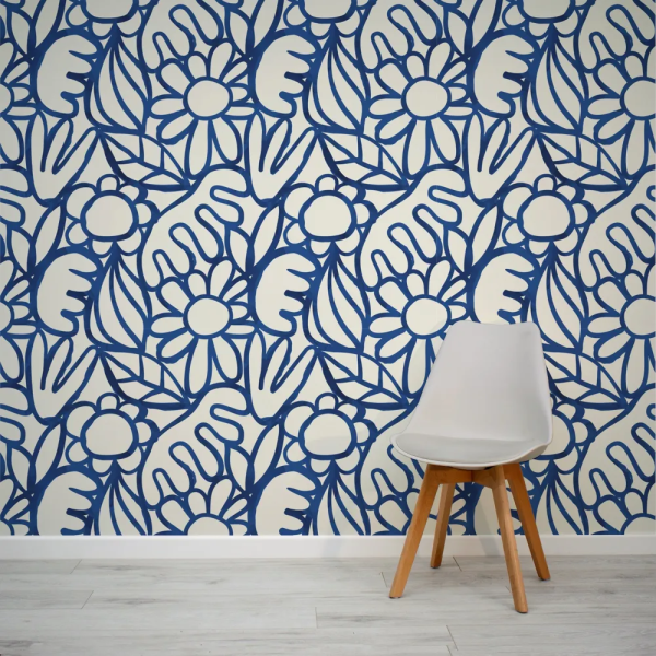 Papel de Parede Floral Bege e Azul Doodle MP