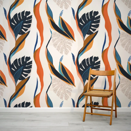 Papel de Parede Folhas Tropicais Azul e Laranja MP