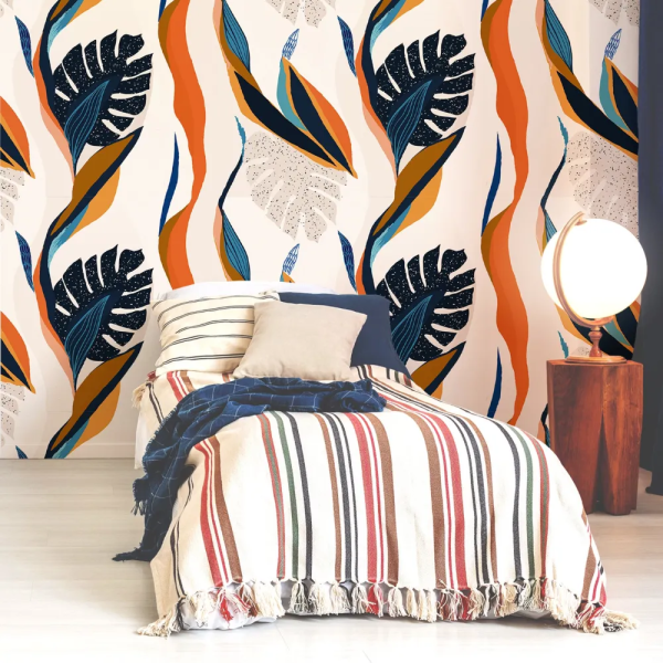Papel de Parede Folhas Tropicais Azul e Laranja MP