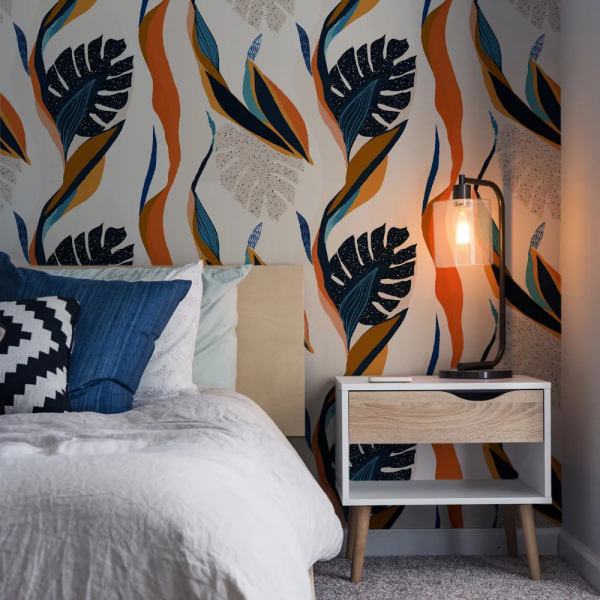 Papel de Parede Folhas Tropicais Azul e Laranja MP