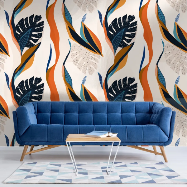 Papel de Parede Folhas Tropicais Azul e Laranja MP