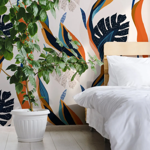 Papel de Parede Folhas Tropicais Azul e Laranja MP