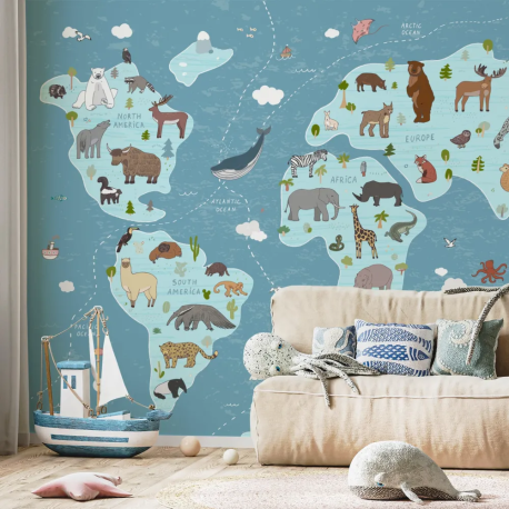 Papel de Parede Mapa Mundi Animal Colorido MP