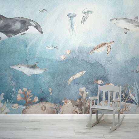 Papel de Parede Fundo do Mar Aquarela com Animais MP