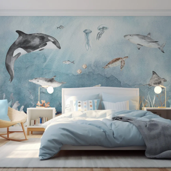 Papel de Parede Fundo do Mar Aquarela com Animais MP