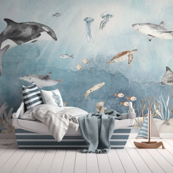 Papel de Parede Fundo do Mar Aquarela com Animais MP
