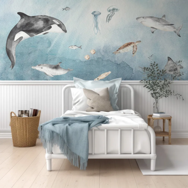 Papel de Parede Fundo do Mar Aquarela com Animais MP