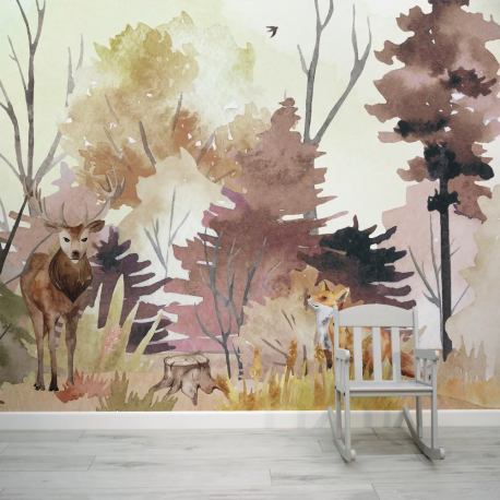 Papel de Parede Aquarela Animais do Bosque no Outono MP