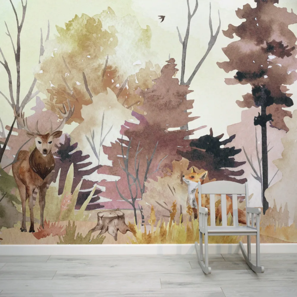 Papel de Parede Aquarela Animais do Bosque no Outono MP