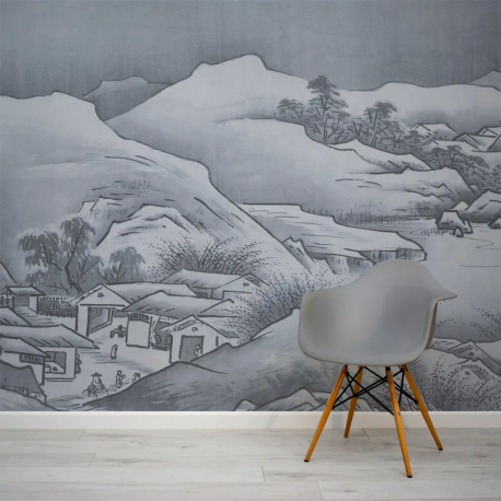 Papel de Parede Paisagem Japonesa em Cinza MP