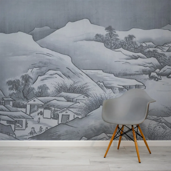 Papel de Parede Paisagem Japonesa em Cinza MP