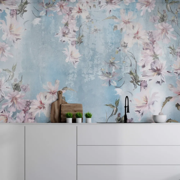 Papel de Parede Flores Aquarela Rosa e Azul MP