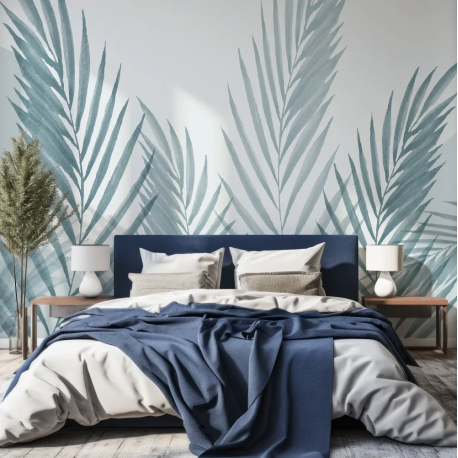 Papel de Parede Aquarela Azul Folhas Minimalistas MP