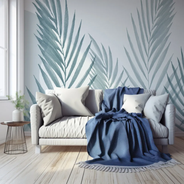 Papel de Parede Aquarela Azul Folhas Minimalistas MP