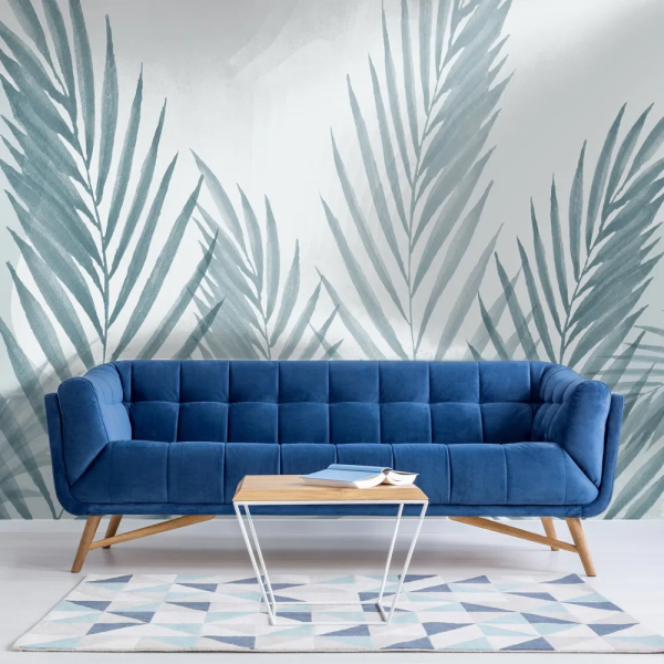 Papel de Parede Aquarela Azul Folhas Minimalistas MP