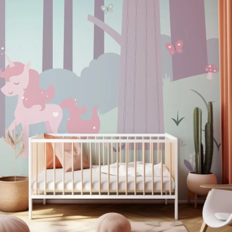 Papel de Parede Unicrnio Rosa na Floresta Mstica MP