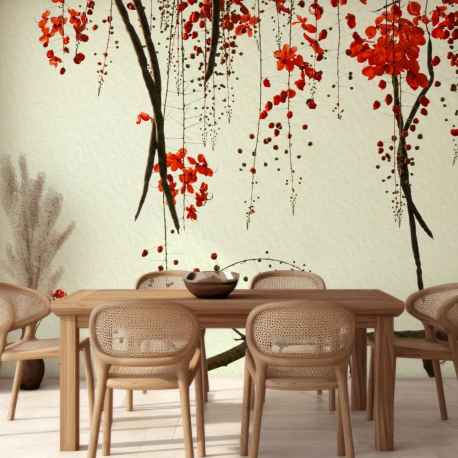 Papel de Parede Aquarela Flor Vermelha Japandi MP