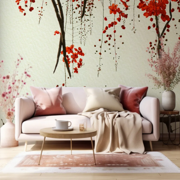 Papel de Parede Aquarela Flor Vermelha Japandi MP
