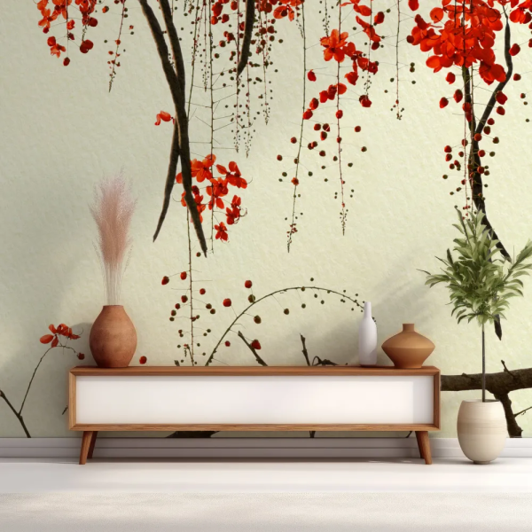 Papel de Parede Aquarela Flor Vermelha Japandi MP