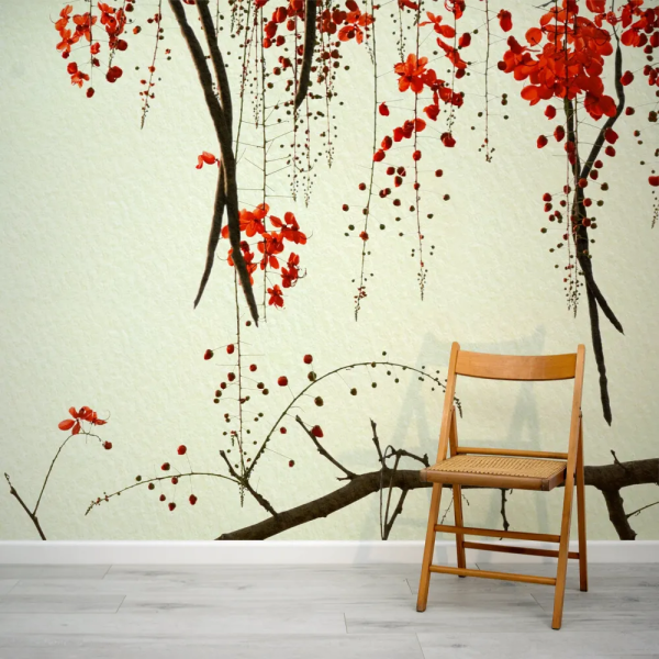 Papel de Parede Aquarela Flor Vermelha Japandi MP