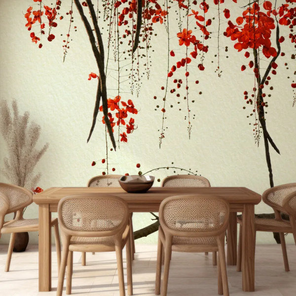 Papel de Parede Aquarela Flor Vermelha Japandi MP