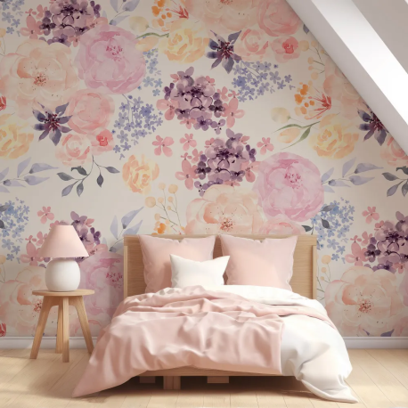 Papel de Parede Aquarela de Folhagens e Flores Coloridas MP