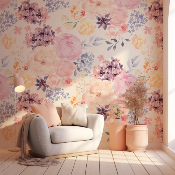 Papel de Parede Aquarela de Folhagens e Flores Coloridas MP