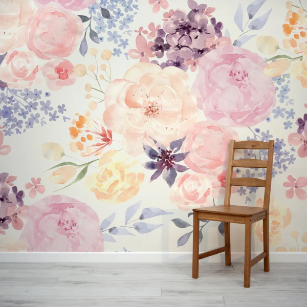 Papel de Parede Aquarela de Folhagens e Flores Coloridas MP
