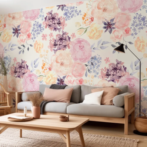 Papel de Parede Aquarela de Folhagens e Flores Coloridas MP
