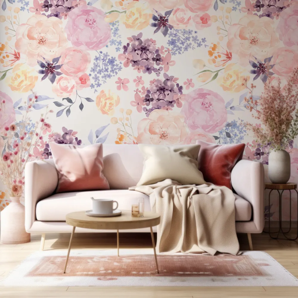 Papel de Parede Aquarela de Folhagens e Flores Coloridas MP